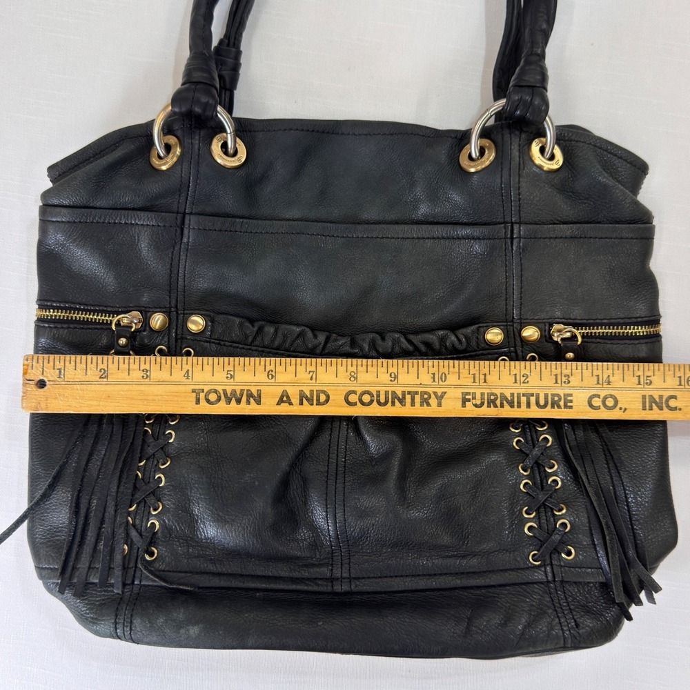 B. Makowsky Black Leather Shoulder Bag Lace Up Tassel Gold Hardware Tote - Picture 11 of 12